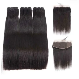 {3Pcs+Frontal} Double Drawn Bone Straight Virgin Human Hair Weaves Straight Hair 3 Bundles with Frontal