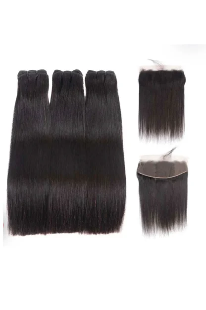 {3Pcs+Frontal} Double Drawn Bone Straight Virgin Human Hair Weaves Straight Hair 3 Bundles with Frontal
