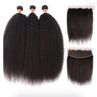 {3Pcs+Closure} Double Drawn Brazilian Yaki Hair Weft 3 Bundles With 13x4 Lace Frontal Virgin Hair Weave