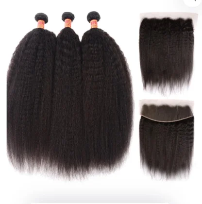{3Pcs+Closure} Double Drawn Brazilian Yaki Hair Weft 3 Bundles With 13x4 Lace Frontal Virgin Hair Weave