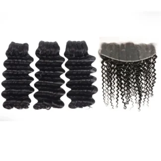 {3Pcs+Frontal} Double Drawn Deep Wave 3 Bundles Hair With 13x4 Lace Frontal Human Hair