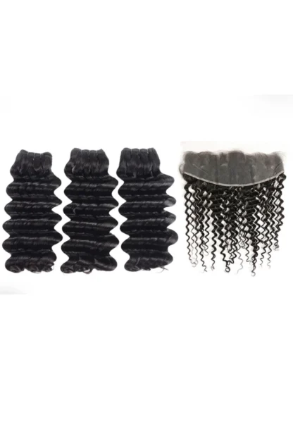{3Pcs+Frontal} Double Drawn Deep Wave 3 Bundles Hair With 13x4 Lace Frontal Human Hair