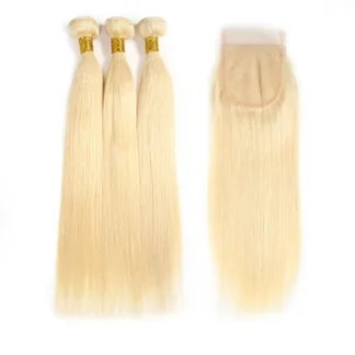 {3Pcs+Closure} Double Drawn 613 Blonde Color 3 Bundles Straight Hair Weaves With 5x5 Lace Closure
