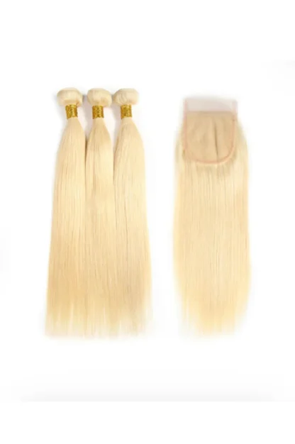 {3Pcs+Closure} Double Drawn 613 Blonde Color 3 Bundles Straight Hair Weaves With 5x5 Lace Closure