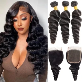 {3Pcs+Closure} Double Drawn 3 Bundles Loose Wave Hair Weaves With 5x5 Lace Closure