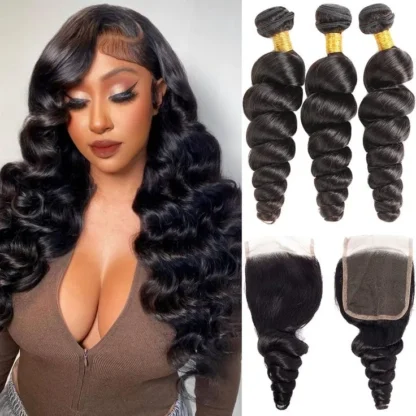 {3Pcs+Closure} Double Drawn 3 Bundles Loose Wave Hair Weaves With 5x5 Lace Closure